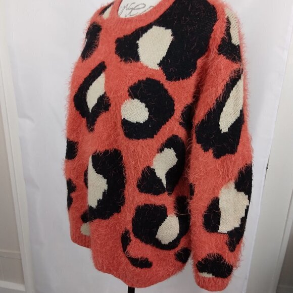 Easel | Orange Cheetah Print Eyelash Pullover Crewneck Sweater | Size S - Picture 4 of 6